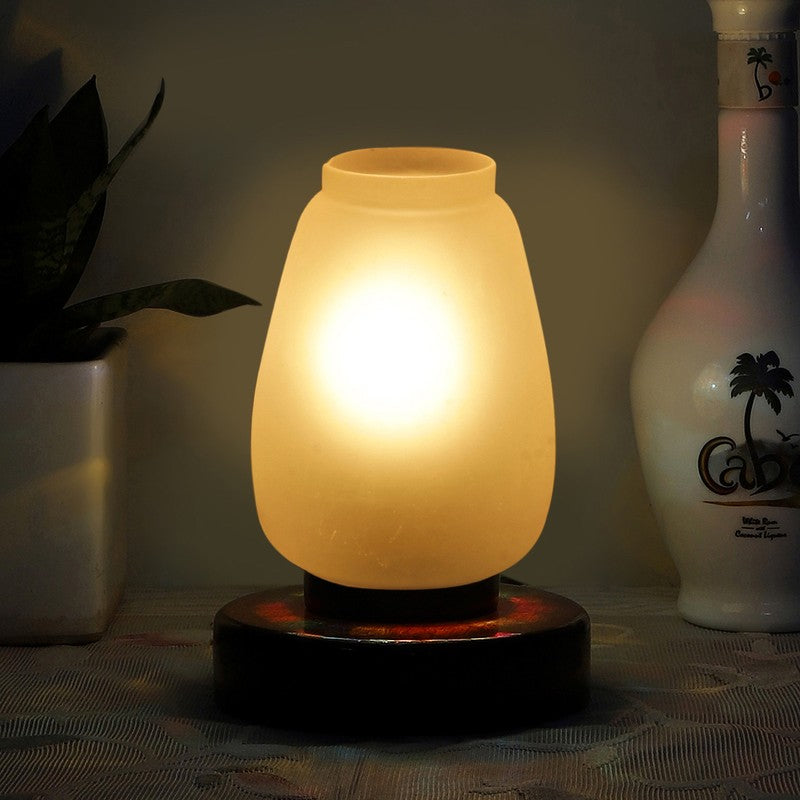 Glowflare Glass Table Lamp With Wooden Base - White & Brown