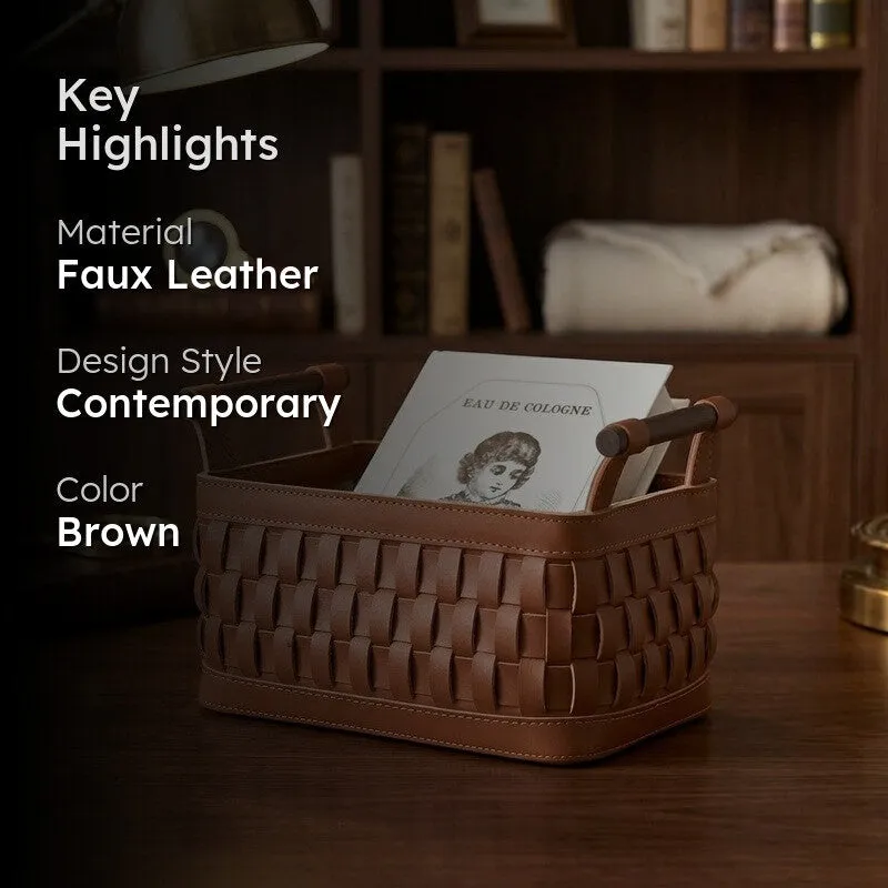 Elegra Faux Leather Storage Basket - Brown media 2