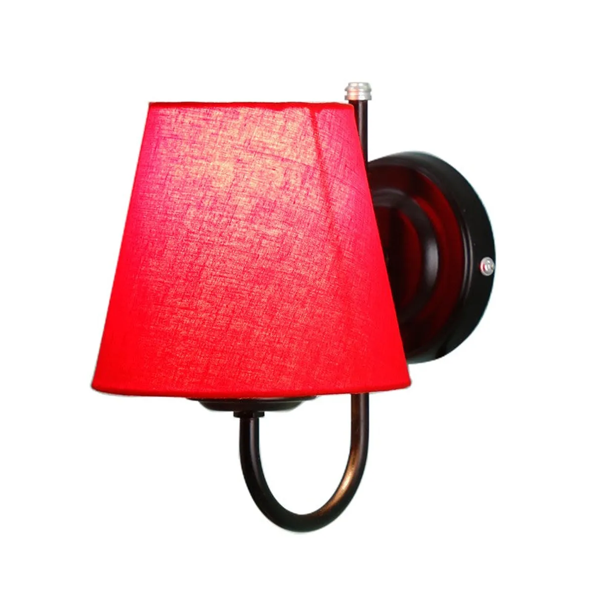 Lit red cotton shade on black iron wall lamp