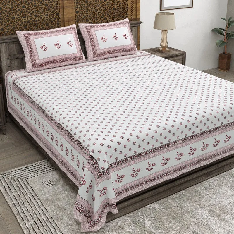 Gardenva Cotton Bedsheet (White,Pink) - 240 TC media 1