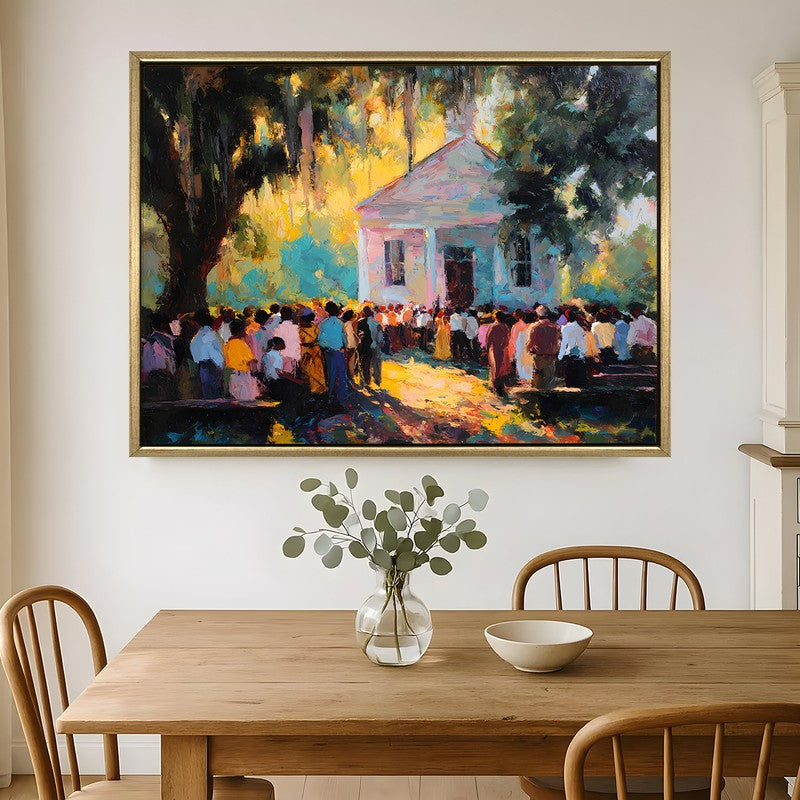 Golden Gathering Canvas Wall Painting With Frame