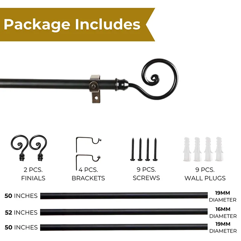 Glissara Extendable 1" Single Curtain Rods With Round Finial & Brackets (Black) media 5