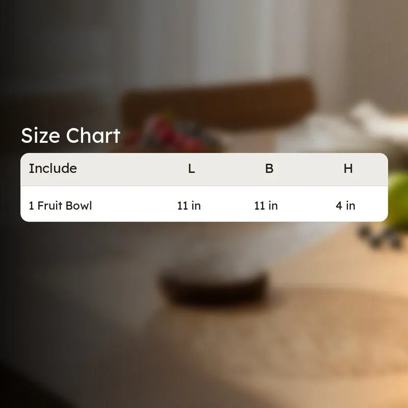 Transparent glass fruit bowl shown beside a size chart