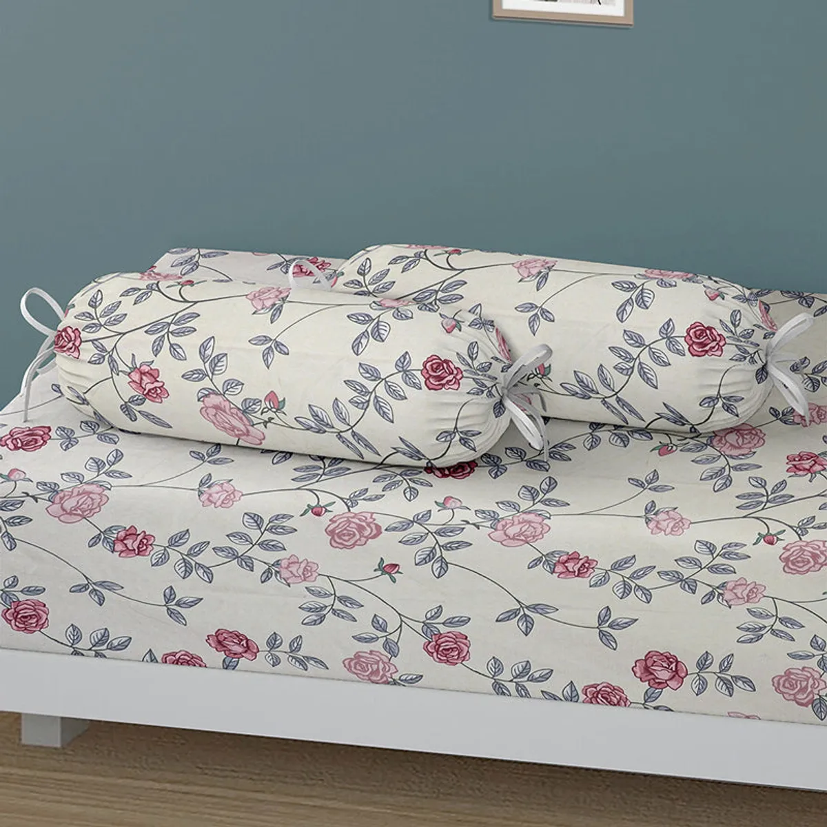 Close view of white floral diwan bedsheet with two matching bolster covers