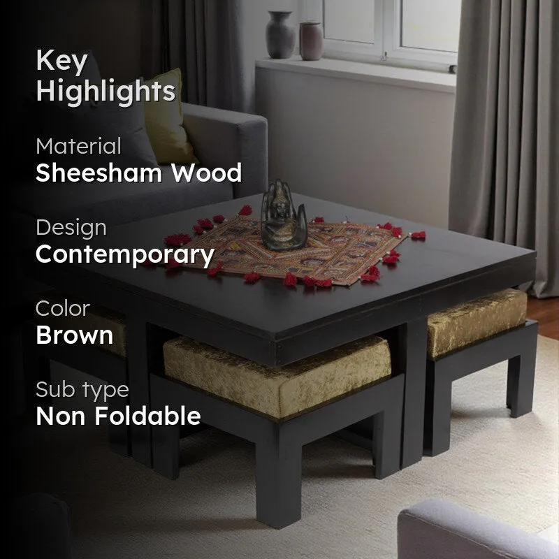 Evrino Sheesham Wooden Center Table with Stools and Cushions (Deep Brown,Gold) - Nine Piece Set media 2