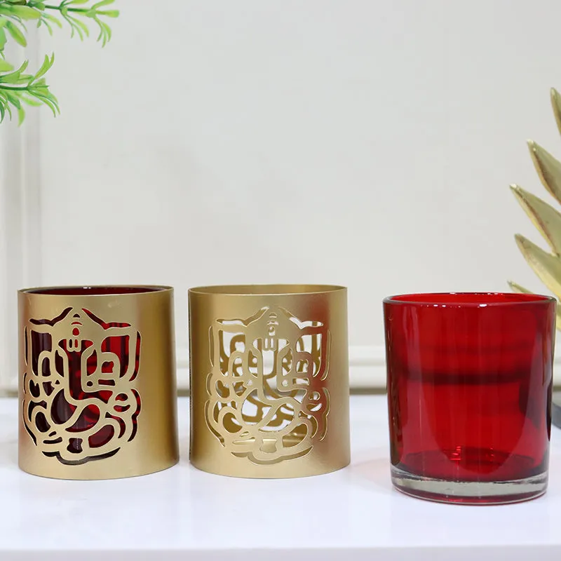 Ganesha Chaitanya Tealight Candle Holder (Gold & Red) - Set Of Two media 3
