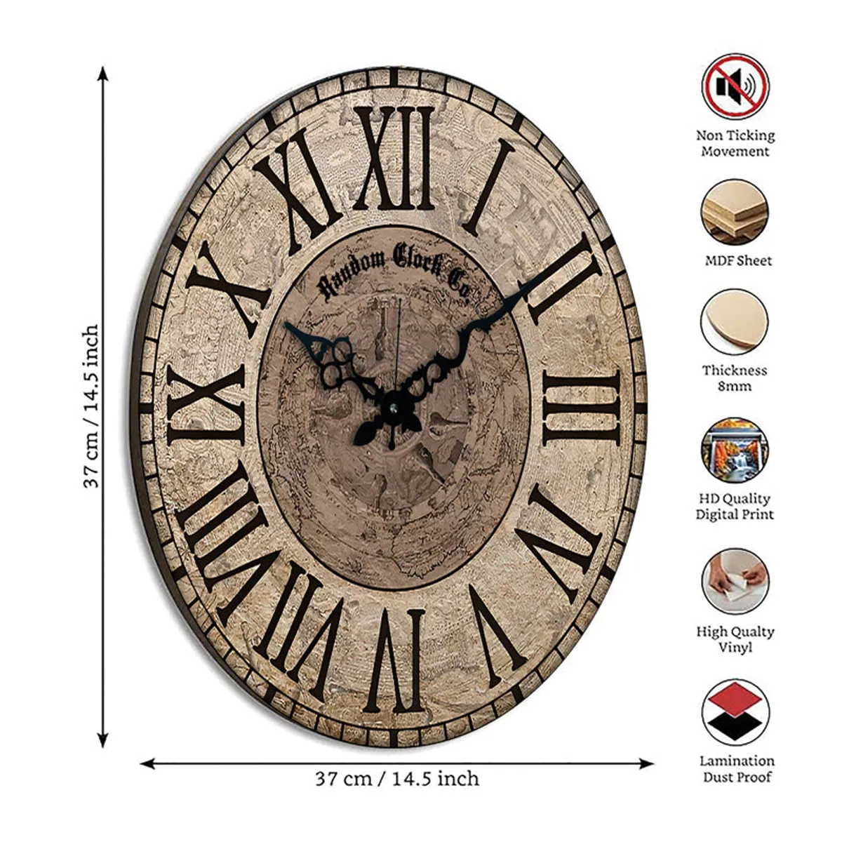 Round Roman numeral wall clock styled above a console with home decor