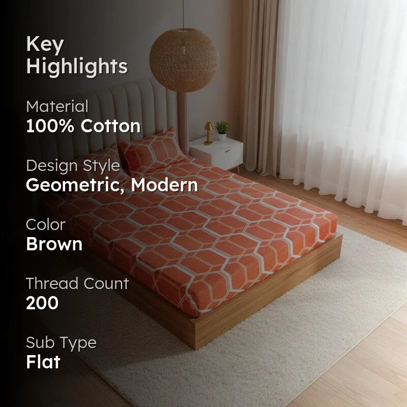 Hivescape Geometric Cotton Bedsheet (Terracotta Brown) - 200 TC media 2