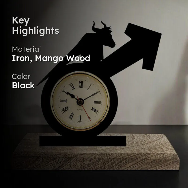 Time Of The Bull Iron & Mango Wood Table Clock media 2