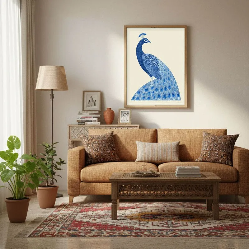 Royal Blue Peacock Canvas Wall Painting With Brown Frame media 7