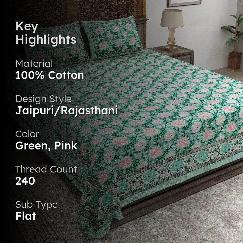 Leafix Cotton Bedsheet (Green,Pink) - 240 TC media 2
