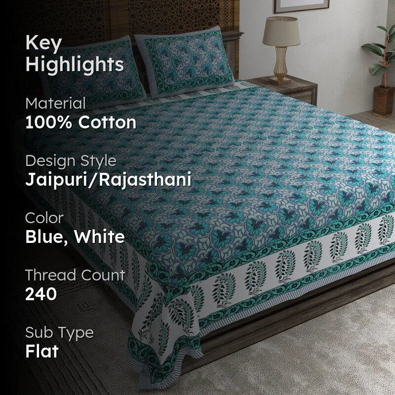 Auraus Cotton Bedsheet (Blue,White) - 240 TC media 2