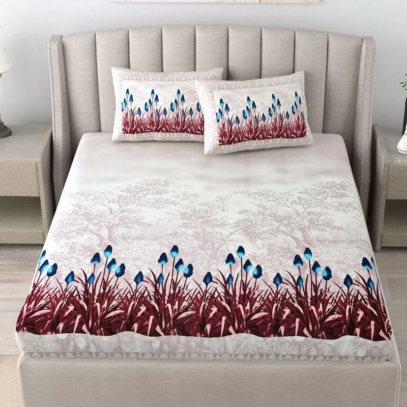 Doodle Dreams Floral Cotton Bedsheet (Maroon) - 140 TC media 1