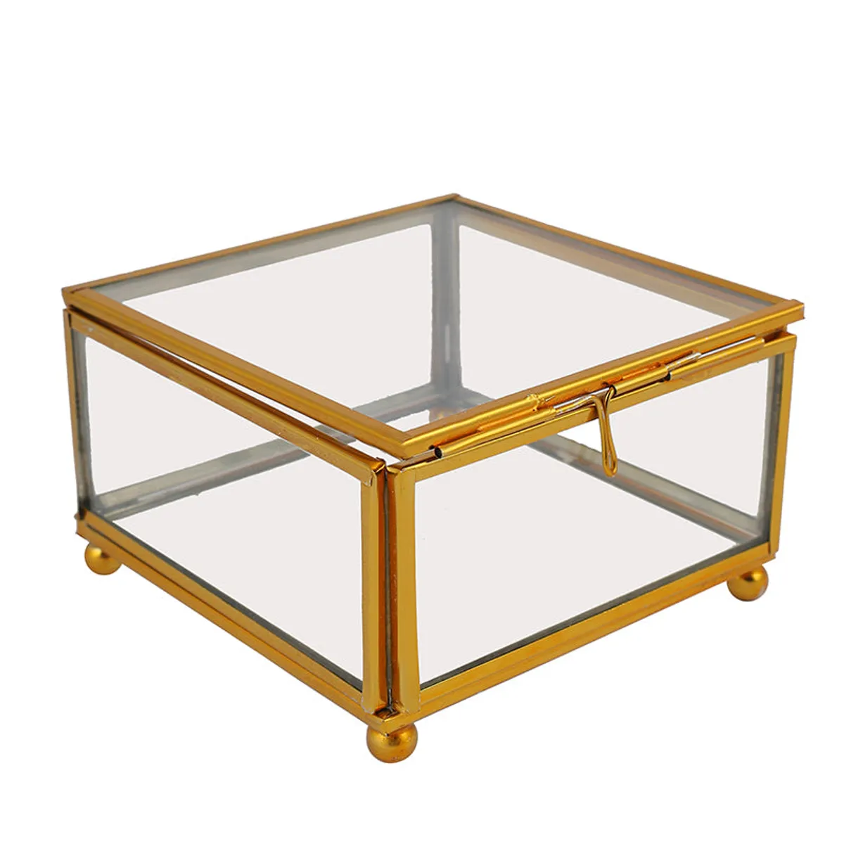 Transparent glass jewel box with a polished gold square frame on white