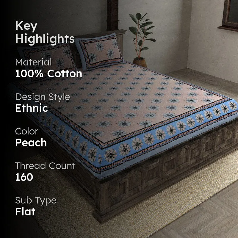 Taara Ethnic Printed Cotton Bedsheet (Peach,Blue) - 160 TC media 2