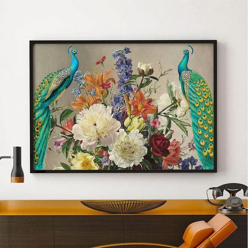 Vibrant Peacock and Floral Canvas Wall Painting - Black Frame media 1