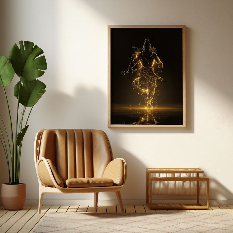 Golden Aura Mahadev Archival Paper Wall Art - Natural Brown Frame