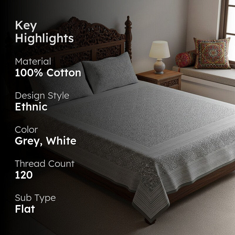 Anvi Ethnic Printed Cotton Bedsheet (Grey) - 120 TC media 2