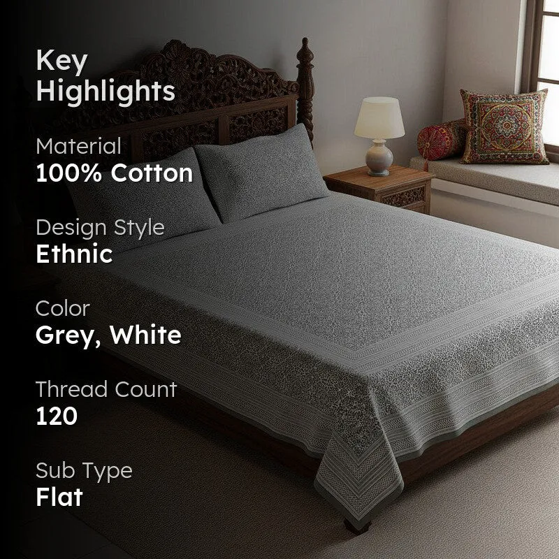 Anvi Ethnic Printed Cotton Bedsheet (Grey) - 120 TC media 2