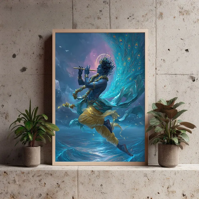 Lord Krishna in Celestial Radiance Archival Paper Wall Art - Natural Brown Frame media 3