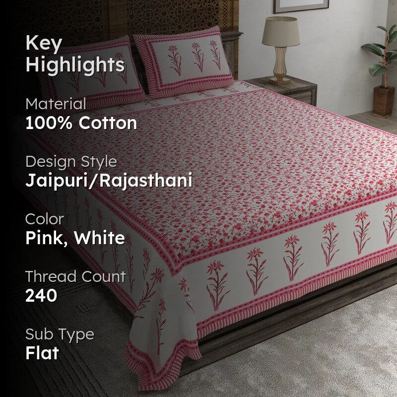 Vinea Cotton Bedsheet (Pink,White) - 240 TC media 2
