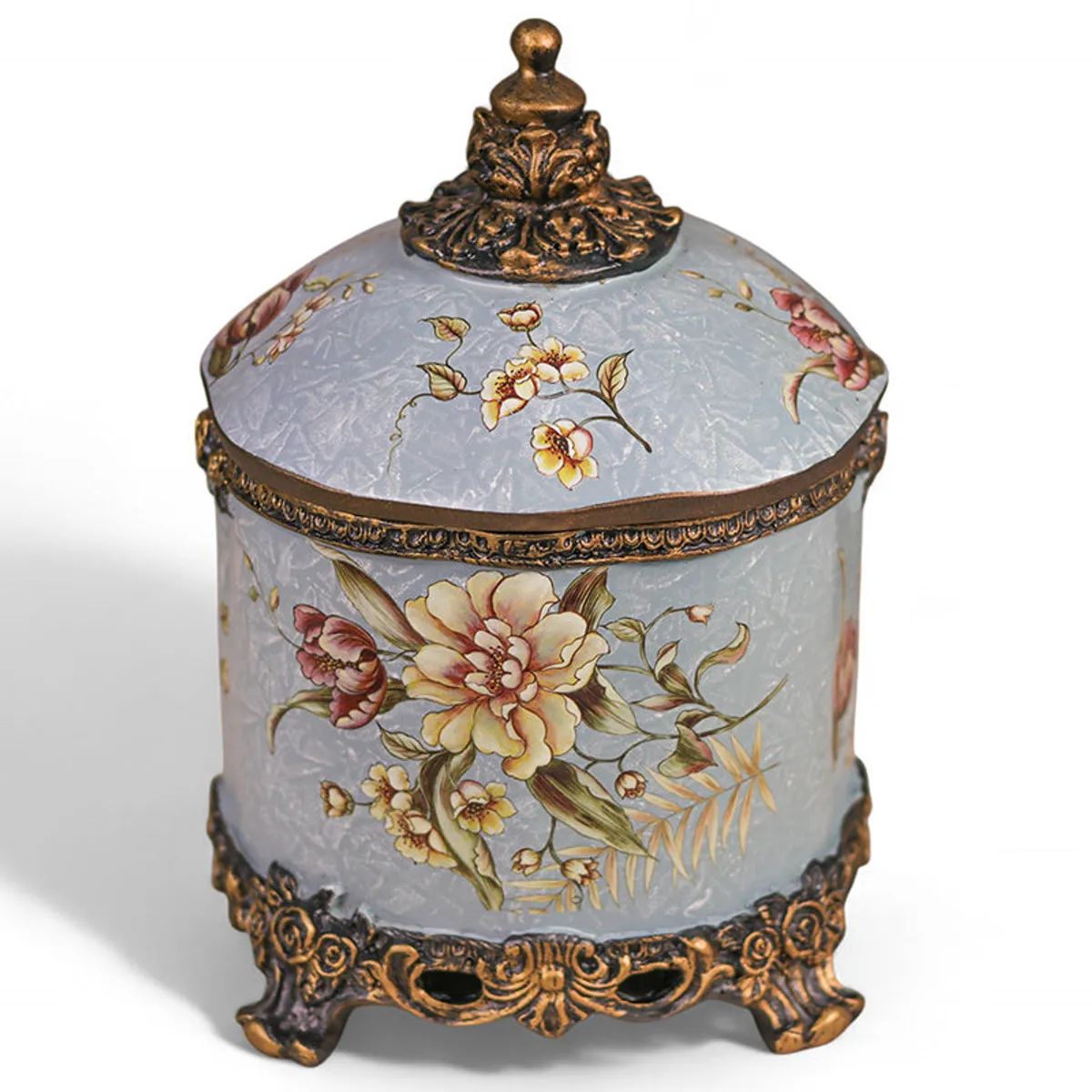 Front view of blue floral jewel box with ornate gold trim