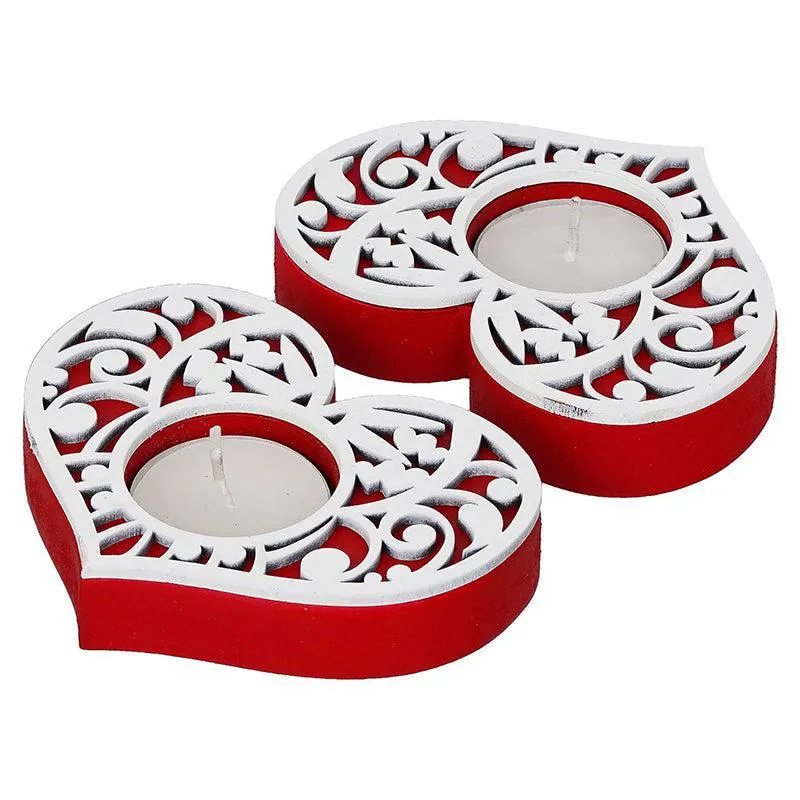 Intricate Heart Wood Tea Light Holder (Red) - Set Of Ten media 4