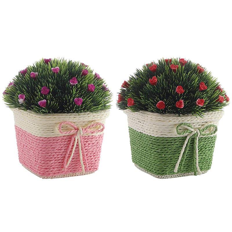 Faux Rose Bush Artificial Plant In Basket Pot (Green & Pink) - Set Of Two media 3
