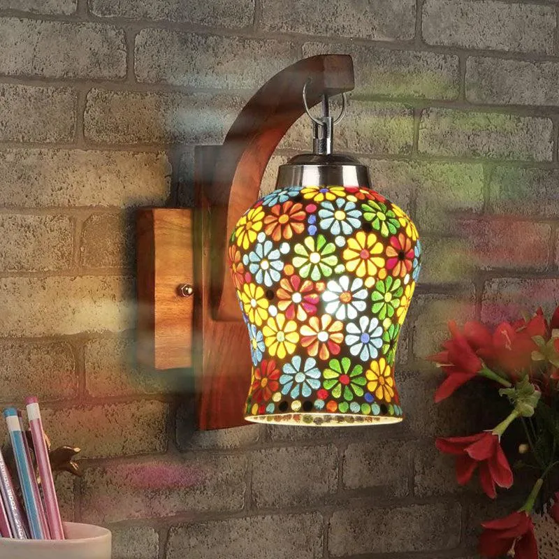 Ervo Floral Mosaic Glass & Wooden Wall Lamp media 1