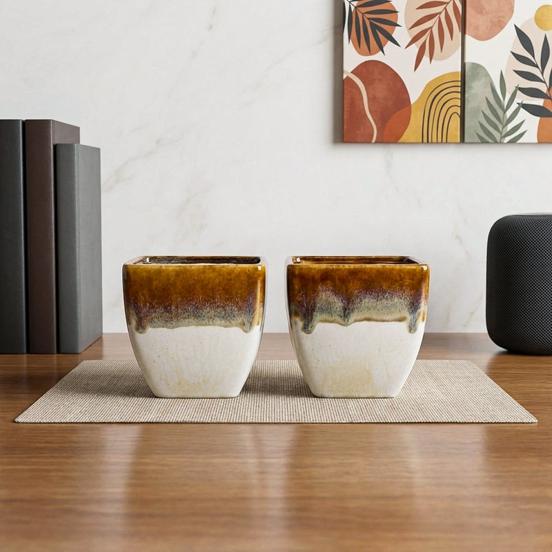 PureLuxe Pots & Planters (Brown,white) - Set Of Two