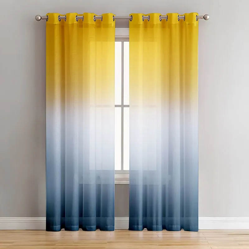 Ombriette Linen Texture Sheer Curtain (Yellow, Blue) - Set Of Two media 1