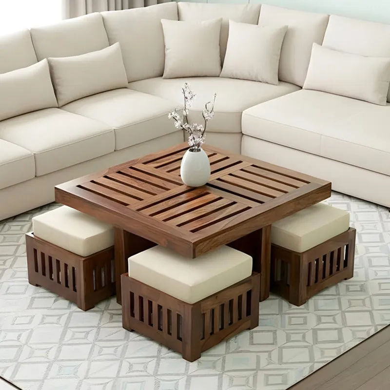 Gaviron Sheesham Wooden Center Table with Stools and Cushions (Brown) - Nine Piece Set media 3