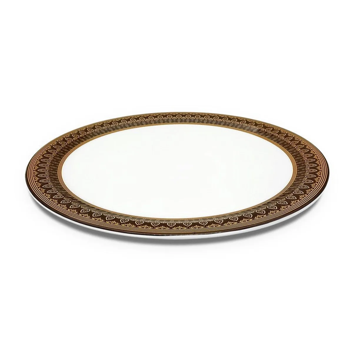 Side view of a round white quarter plate with an ornate brown and gold patterned rim.