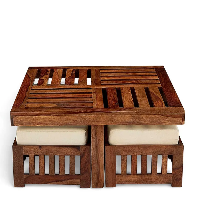 Gaviron Sheesham Wooden Center Table with Stools and Cushions (Brown) - Nine Piece Set media 7