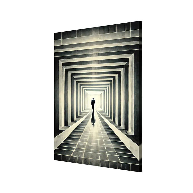 Angled view of black and white geometric tunnel canvas wall painting