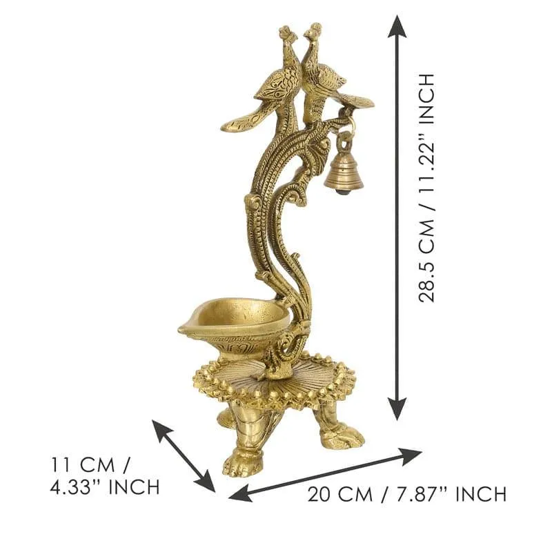 Peacock Couple Brass Diya With Bell - Gold media 4
