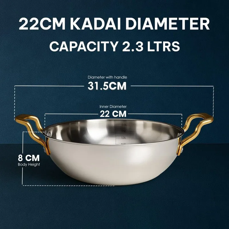 Solara Stainless Steel Kadhai With Lid - 2300 mL/7.2 Inch media 10