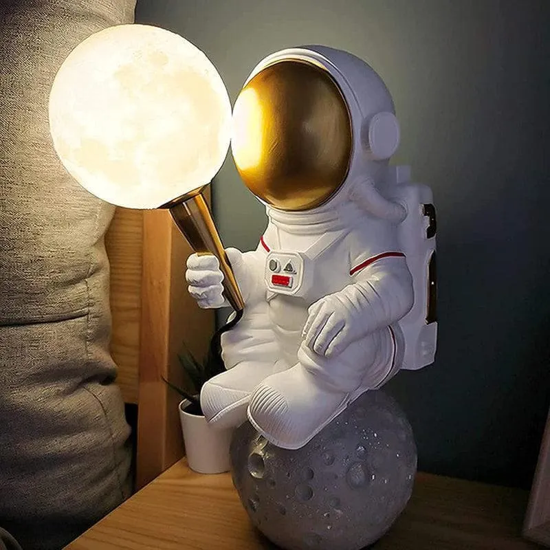 Astronaut Landing LED Moon Resin Table Lamp - White,Gold media 1