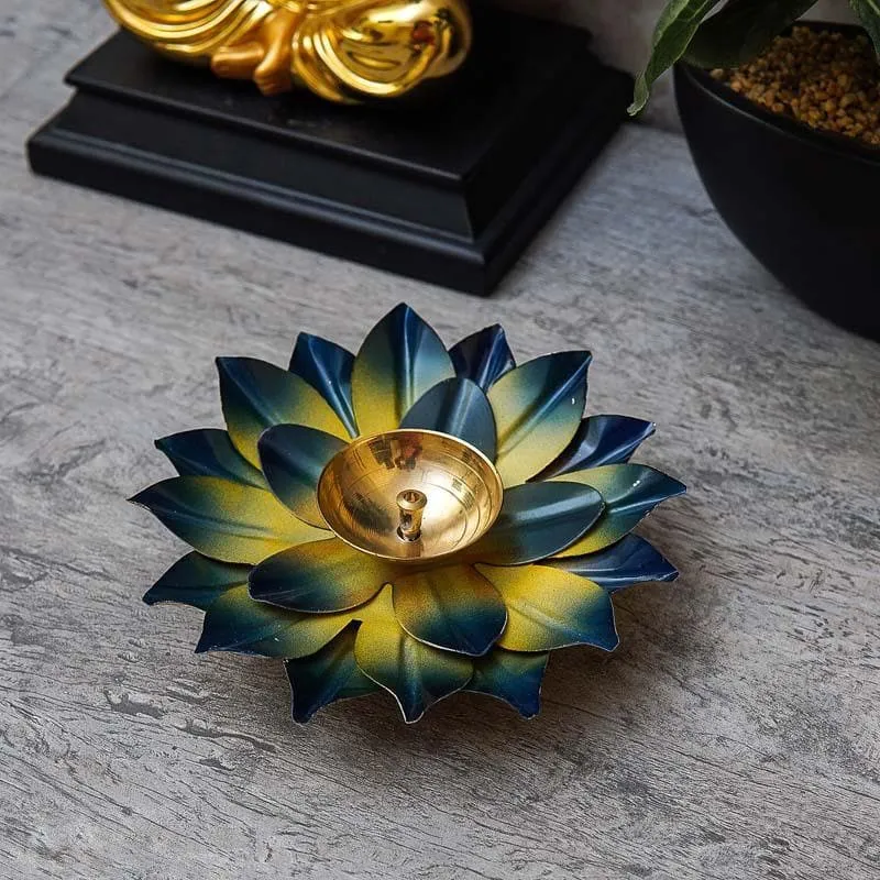 Sacred Bloom Diya- Yellow/Blue media 1