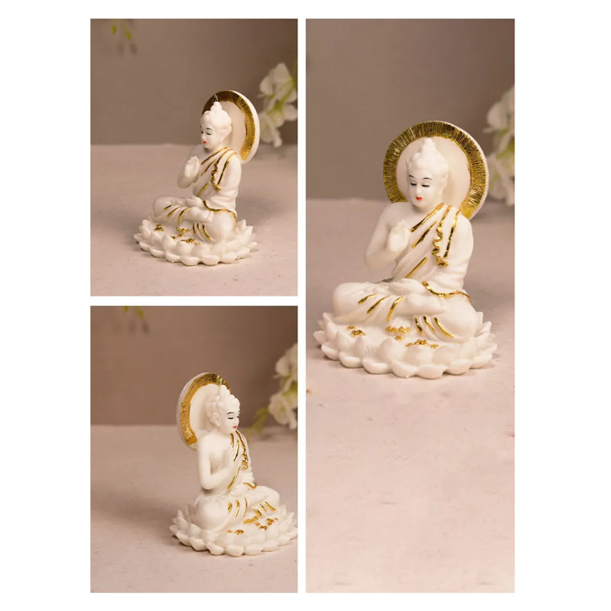 Collage showing angled and front views of the white and gold Buddha showpiece