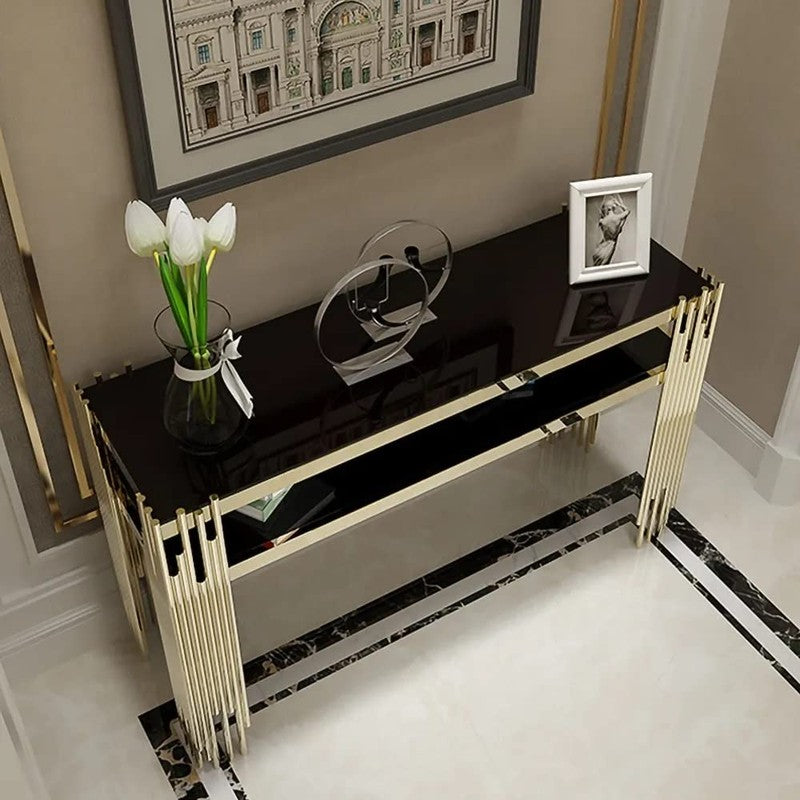 Narrow 2 Tier Metal Console Table with Marble Top - Medium