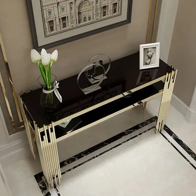 Narrow 2 Tier Metal Console Table with Marble Top - Medium media 1