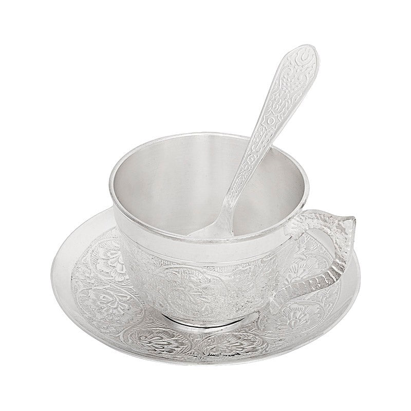 Luxury German Silver Tea Cup & Saucer Set with Spoon (150 mL) - Set of Three media 3