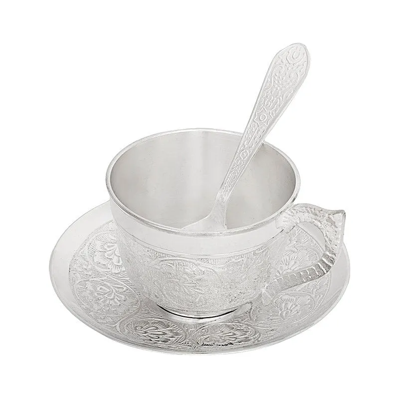 Luxury German Silver Tea Cup & Saucer Set with Spoon (150 mL) - Set of Three media 3