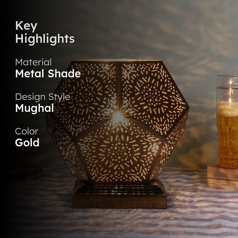 Hexa Flora Etched Metal Table Lamp With Brown Base - Gold media 2