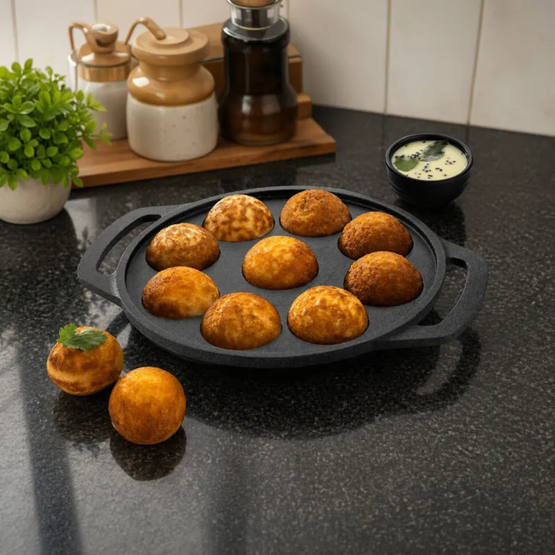 Round Ease Cast Iron Non-Stick Paniyaram & Appam Pan - Black media 4