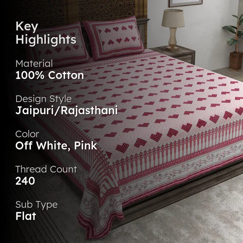 Weaveet Cotton Bedsheet (Off White,Pink) - 240 TC media 2