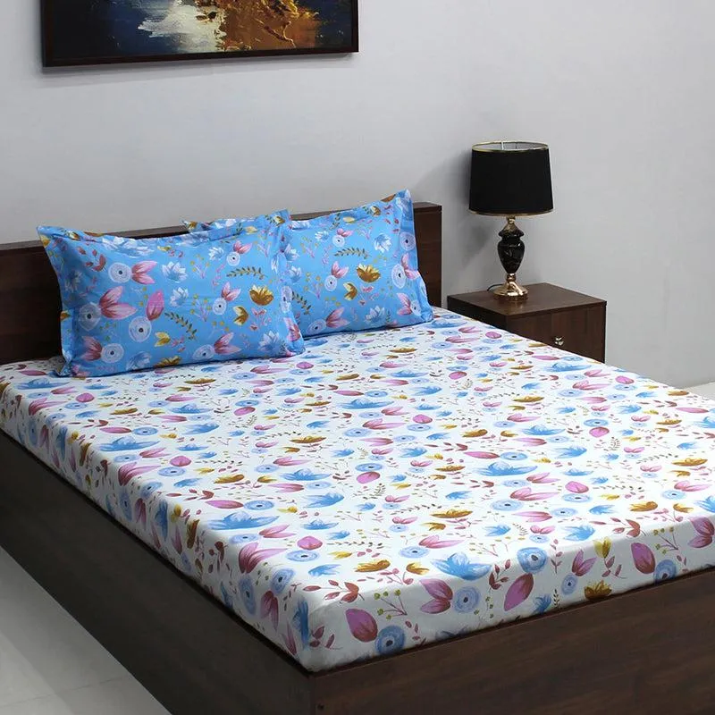Vidhi Floral Cotton Bedsheet (White,Blue) - 110 TC media 3
