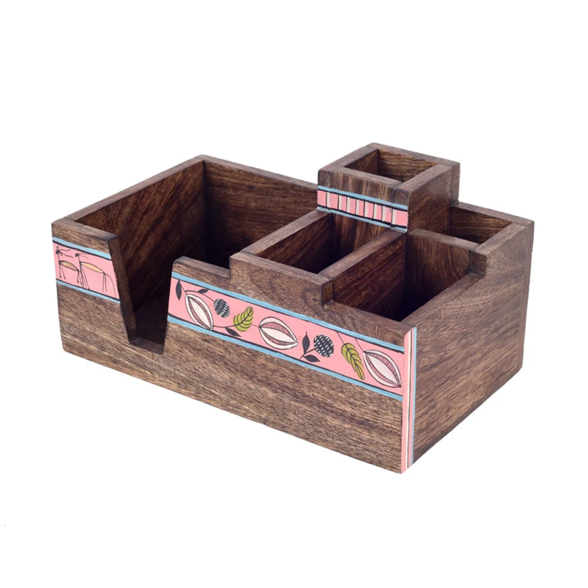 Angled view of a brown wooden cutlery holder with colourful leafy detailing