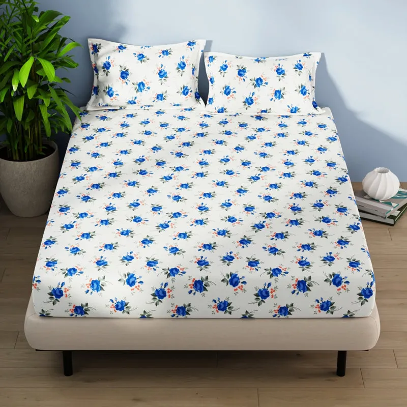 Serina Flora Cotton Bedsheet (Blue) - 144 TC media 1